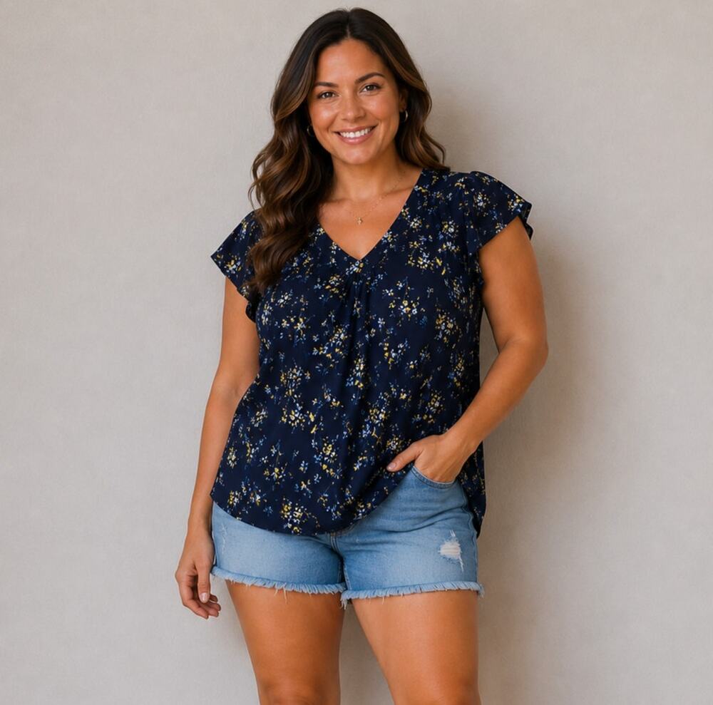 Croft & Barrow Women's Blue Floral Blouse XXL Lightweight Short Sleeve Top